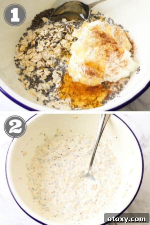 Nutritious Overnight Oats 5 Step-by-step photographic instructions showing the process of mixing ingredients for healthy overnight oats in a bowl.