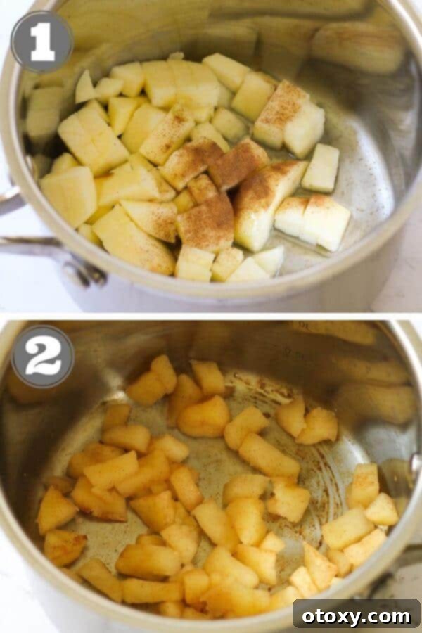 A visual step-by-step guide illustrating the easy process of preparing stewed cinnamon apples, from dicing to simmering.