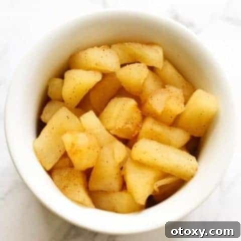 A bowl of freshly prepared stewed cinnamon apple pieces, ready to be served or enjoyed as a delightful topping.