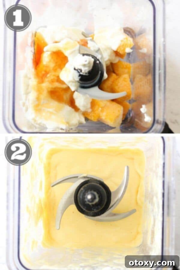 Step-by-step photographic instructions showing frozen mango, Greek yogurt, and honey being blended, then poured into popsicle molds.