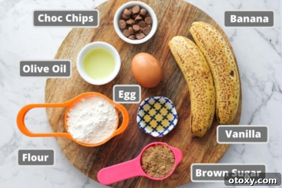 ingredients for mini banana muffins including bananas, sugar and flour.
