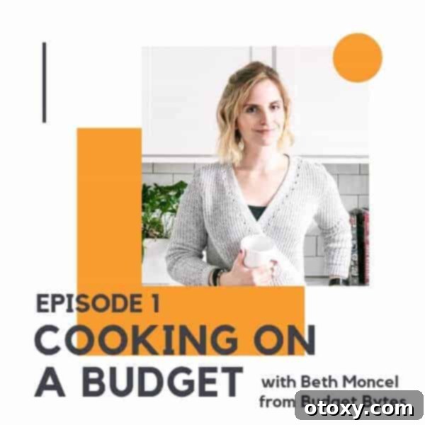 Episode 1 - Thrifty Table 2 Picture of a blonde woman with text overlay that reads "episode 1 - cooking on a budget with Beth Moncel from Budget Bytes".