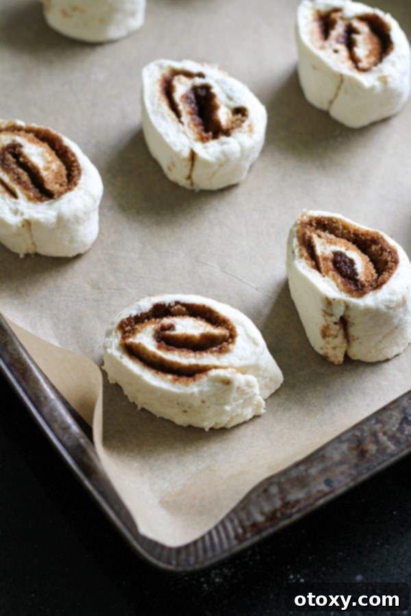 No-yeast cinnamon rolls arranged on a baking tray, ready for the oven.