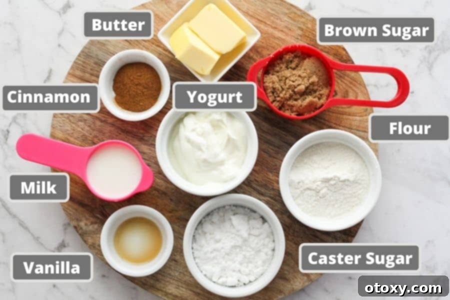 All the simple ingredients for no-yeast cinnamon rolls laid out on a rustic wooden board.