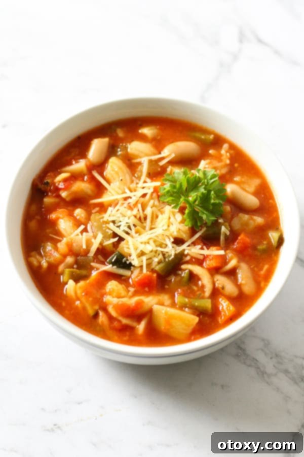 A beautifully presented bowl of classic Italian Minestrone Soup, brimming with colorful vegetables, beans, and pasta, garnished with fresh herbs and a sprinkle of Parmesan cheese.