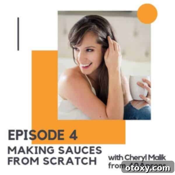 photo of a brunette woman with text overlay "making sauces from scratch".