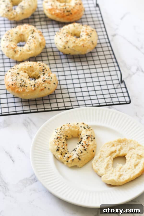 Speedy Yeast Free Bagels 11 Freshly baked 2-Ingredient Bagels displayed on a white plate, highlighting their appetizing texture.