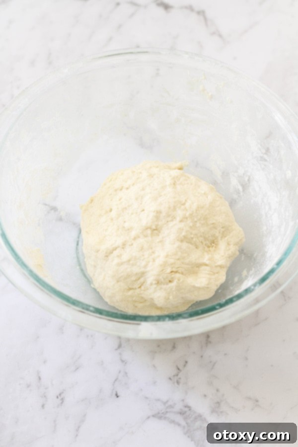 Speedy Yeast Free Bagels 4 A ball of two-ingredient dough resting in a clear glass mixing bowl, ready for kneading.