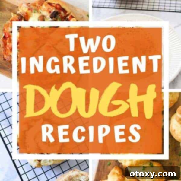 A vibrant collage of various dishes made with two-ingredient dough, including pizzas, bagels, cinnamon rolls, and flatbreads, showcasing the versatility and appeal of these quick and easy recipes.