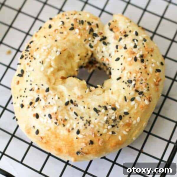 Perfectly baked bagels, golden brown and topped with 'everything but the bagel' seasoning, showcasing a soft and chewy texture.