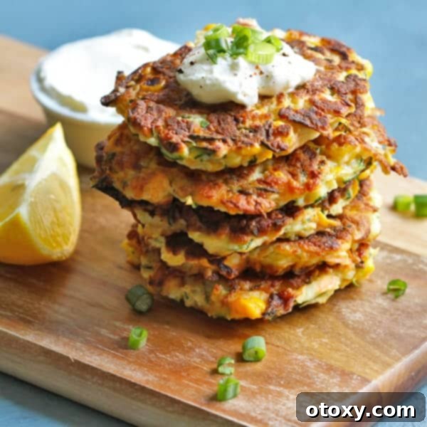Delicious Zucchini and Halloumi Fritters stacked on a plate.