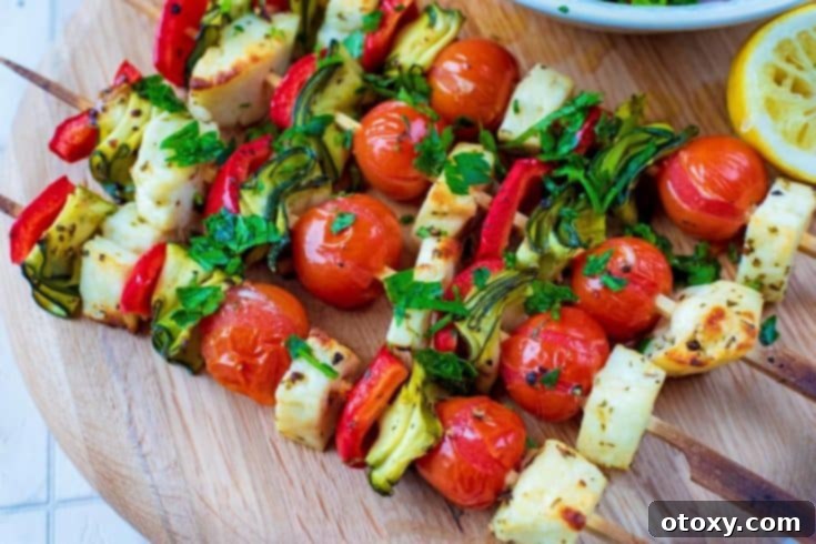 Colorful Vegetable and Halloumi Kebabs grilled to perfection.