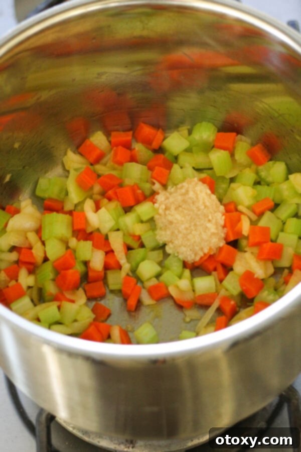 Step by step photo instructions showing sautéed onions, celery, and carrots in a pan.