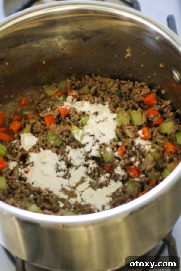 Step by step photo instructions showing flour, potato, and liquids being added to the mince mixture.