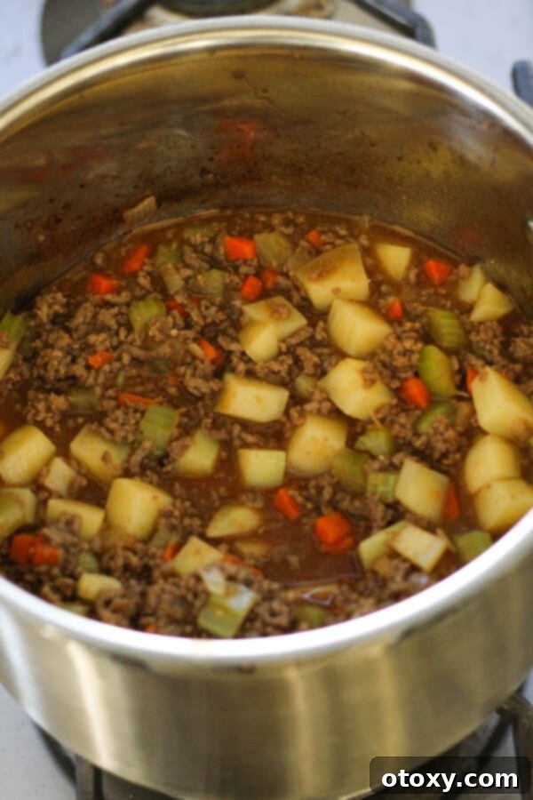 Step by step photo instructions showing the mince mixture with gravy ingredients stirred together.