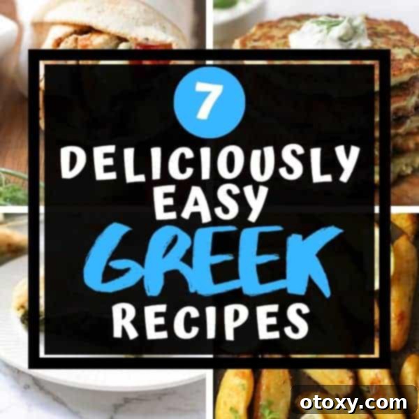 A vibrant collage of seven mouth-watering Greek dishes, including gyros, spanakopita, tzatziki, and lemon potatoes, with text overlay "7 deliciously easy Greek recipes" enticing viewers to explore the culinary delights.