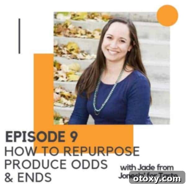 Brunette woman with text overlay "How to Repurpose Produce Odds & Ends". Learn to save money and reduce food waste by utilizing all your fresh produce.