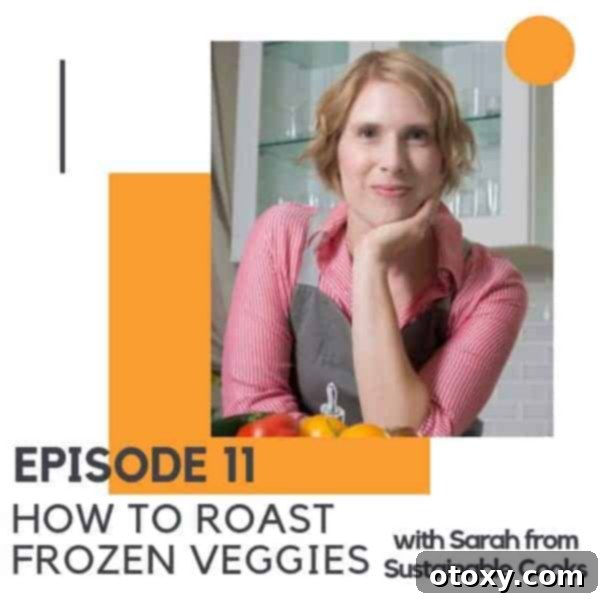 The Secret to Perfectly Roasted Frozen Vegetables 2 Woman leaning on kitchen counting in a red shirt and grey apron.