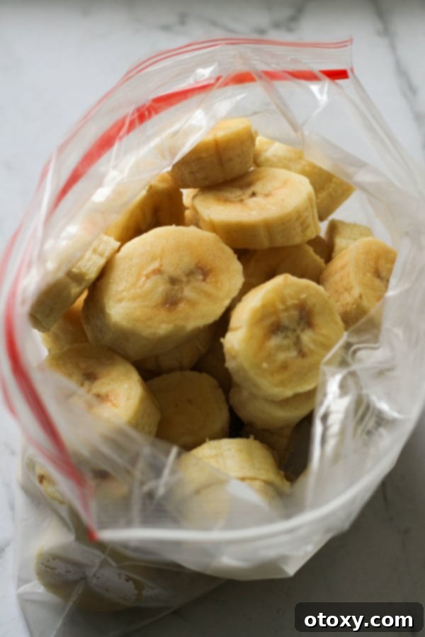 A ziplock bag filled with perfectly frozen banana slices, neatly sealed and ready for thawing or direct use, demonstrating effective food preservation.