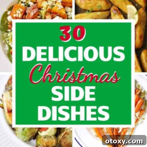 A vibrant collage featuring various Christmas side dishes like roasted vegetables, mashed potatoes, and festive salads.