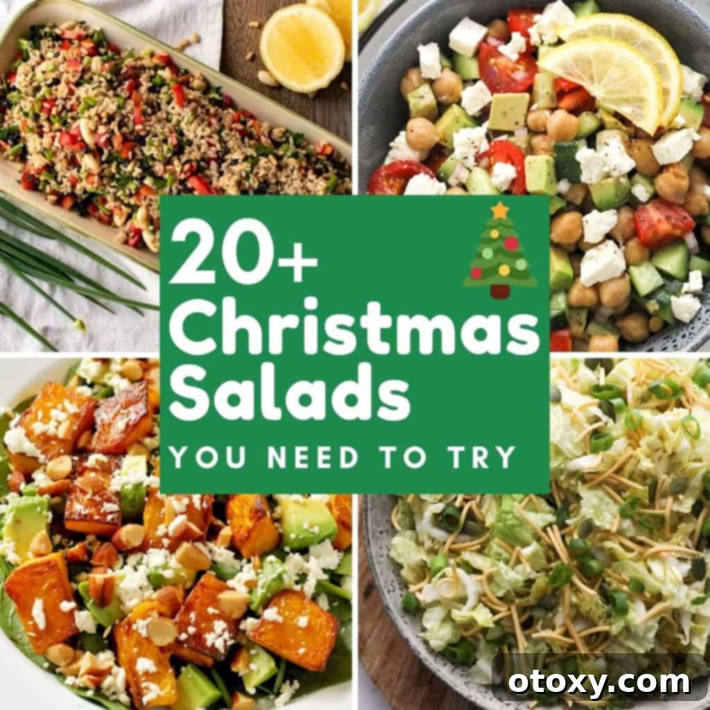 A vibrant collage of various Christmas salads, including roasted pumpkin, caprese wreath, and fresh greens, with text overlay '20+ Christmas Salads You Need To Try'.