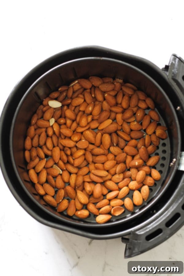 Plain, raw almonds spread in a single layer inside an air fryer basket, ready for roasting.
