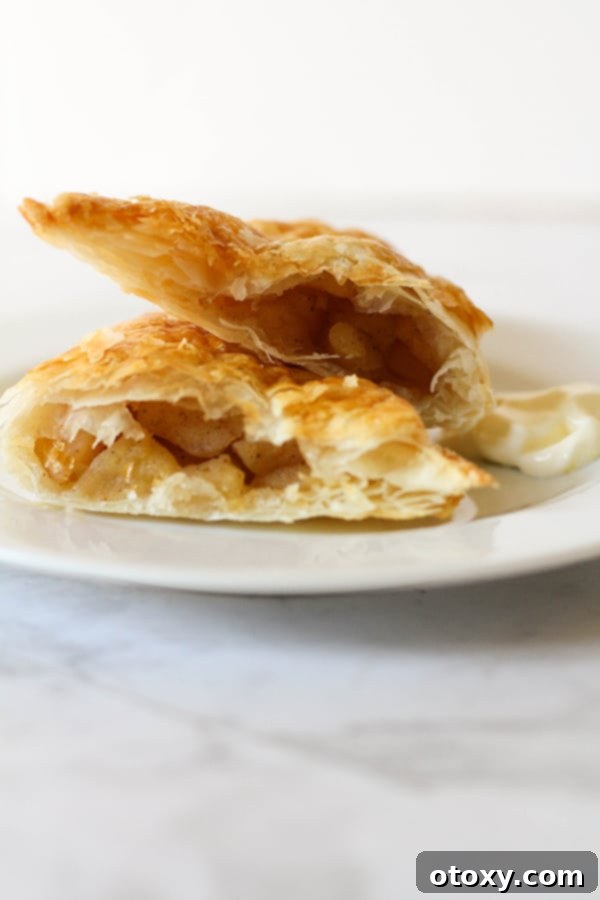 Two halves of a golden-brown air fryer apple turnover, revealing a luscious cinnamon apple filling, served on a pristine white plate.