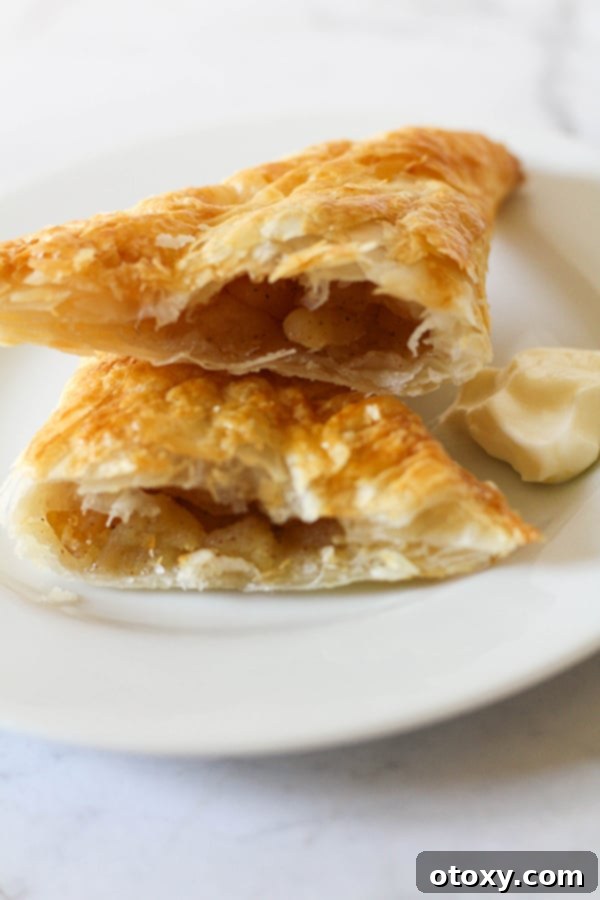 A delicious air fryer apple turnover, broken in half to reveal its tender apple filling, resting on a clean white plate.