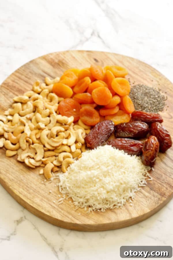 No Bake Apricot Coconut Bites Ingredients on a Wooden Chopping Board