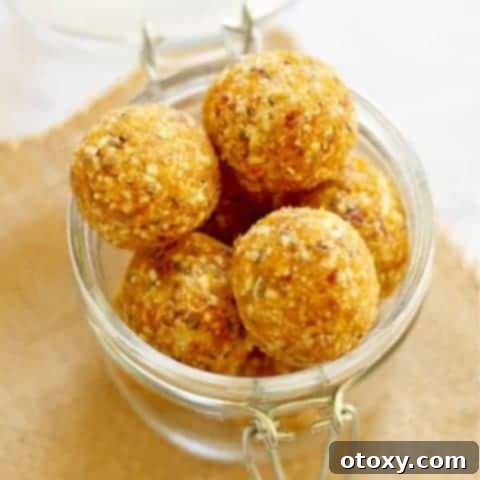 No Bake Apricot Coconut Energy Bites in a glass jar