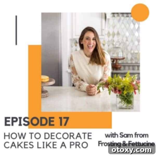 A brunette woman leaning on a kitchen counter with text overlay "how to decorate cakes like a pro".