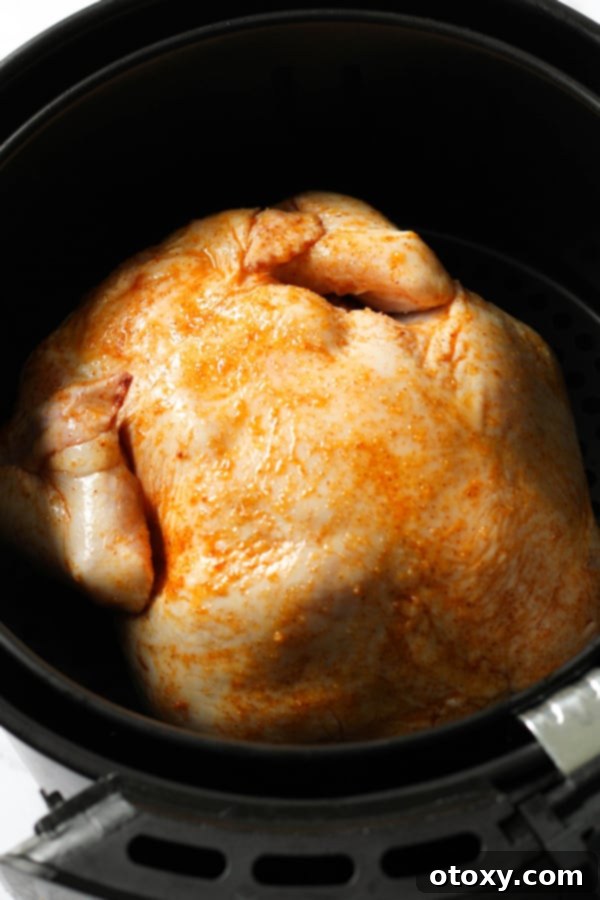 chicken sitting in air fryer basket ready to be roasted.