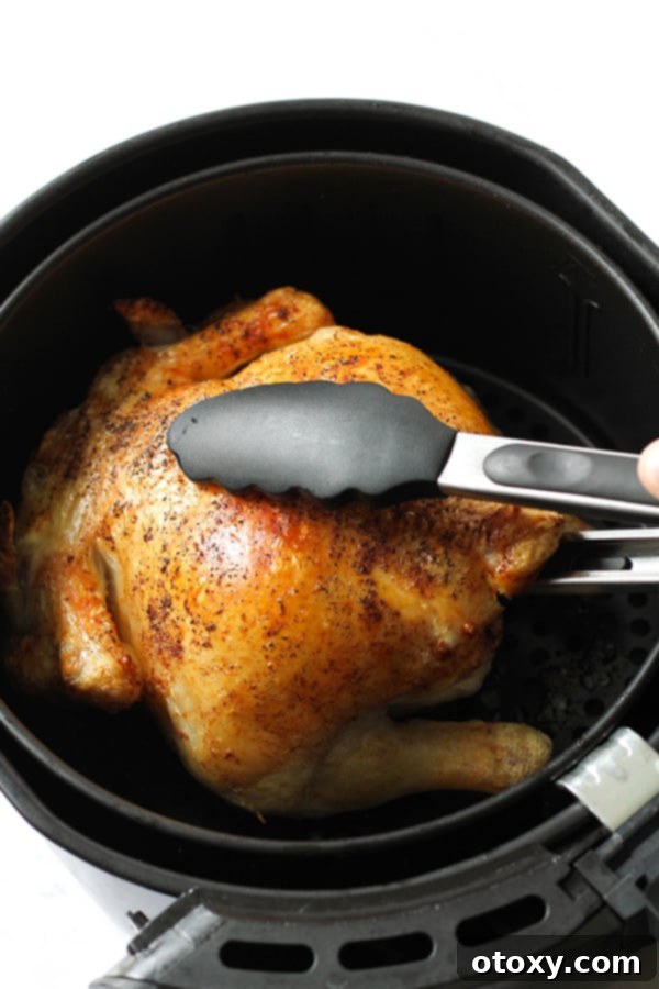 whole chicken sitting in an air fryer basket being grabbed with tongs.