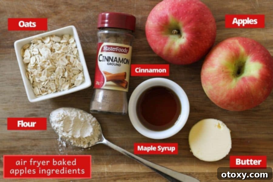 Essential ingredients for air fryer baked apples artfully arranged on a rustic wooden board.
