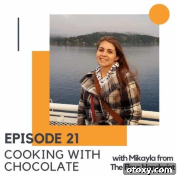 Join us for Episode 21: Cooking with Chocolate, featuring Mikayla from The Flour Handprint, a brunette woman sharing expert baking tips.