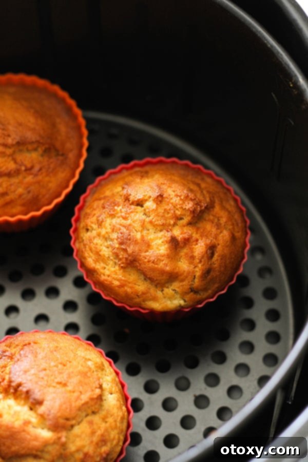 Close-up of golden-brown banana muffins baked in silicone cases, nestled within an air fryer basket, ready to be enjoyed.
