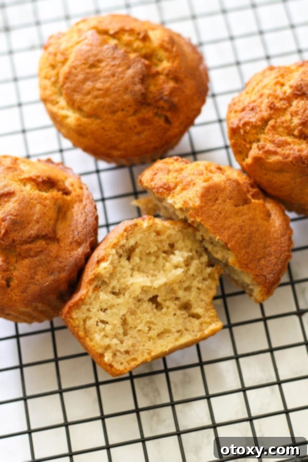 A trio of freshly baked air fryer banana muffins, golden-brown and perfectly risen, resting on a cooling rack.