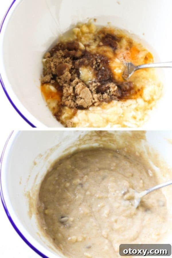 Two images side-by-side showing the initial steps of preparing muffin batter in a white mixing bowl: mashing bananas and mixing wet ingredients.