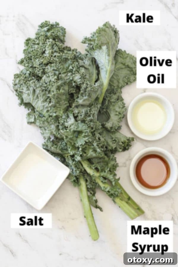 Sweet and Salty Air Fryer Kale Crisps 4 All four essential ingredients for sweet and salty kale chips: fresh kale, a bottle of olive oil, maple syrup, and a small pile of salt, arranged on a stylish marble background.