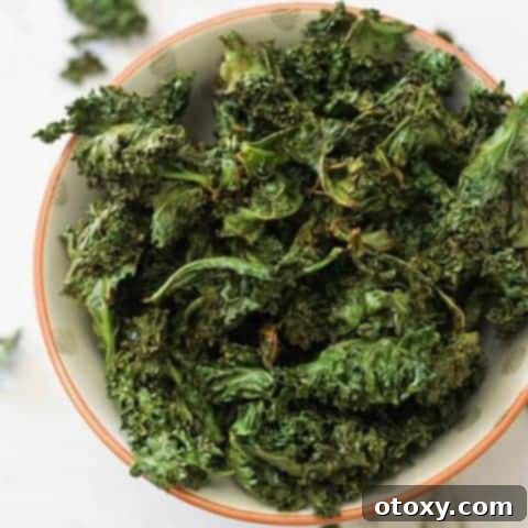 Sweet and Salty Air Fryer Kale Crisps 10 sweet and salty kale chips in a white bowl, freshly made and crispy.