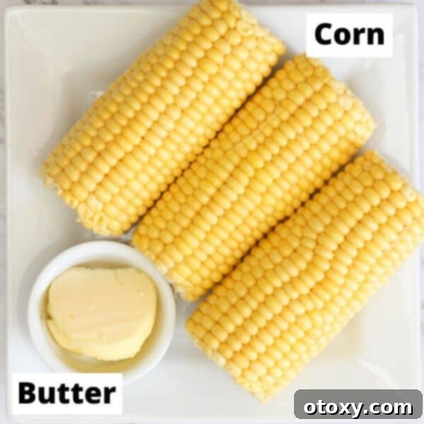 Raw corn on the cob ears and a stick of butter on a white plate, showing the simple ingredients.