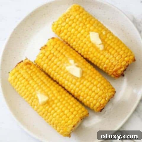 Three cooked corn on the cob on a white plate, glistening with butter.