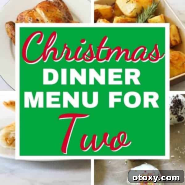 A beautifully arranged roast dinner for two with text overlay "Christmas Dinner Menu for Two" featuring crispy potatoes, tender chicken, and vibrant vegetables, perfect for an intimate celebration.