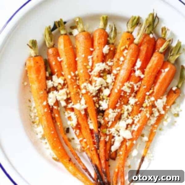 Roasted Dutch carrots topped with crumbled feta cheese and a sprinkle of dukkah.