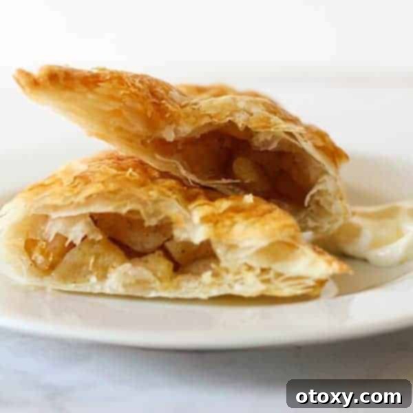 Golden brown apple turnovers, dusted with powdered sugar, ready to be served.