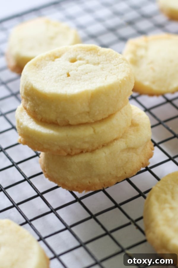 Another view of perfectly baked shortbread cookies cooling on a wire rack.