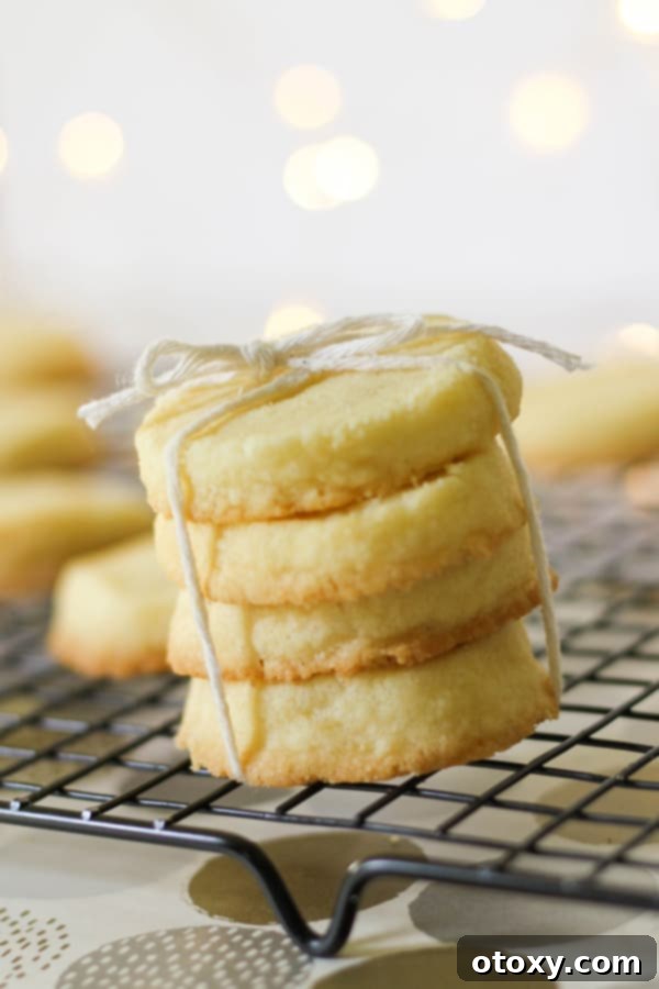 Close-up of baked Christmas shortbread cookies, showcasing their golden edges and inviting texture.