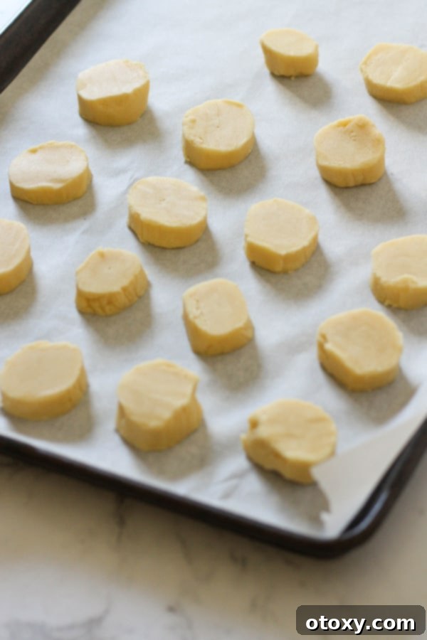 Shortbread dough rounds neatly arranged on a baking tray before baking.