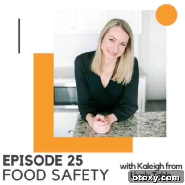 Blonde woman leaning on counter with text overlay "Episode 25 - Food Safety".