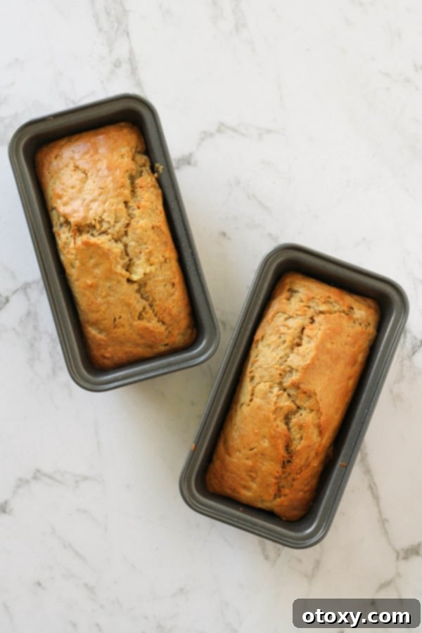 Two freshly baked mini banana loaves, perfectly golden and hot out of the oven, resting on a cooling rack.